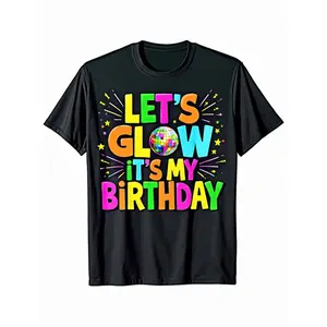 Black Glow in the Dark Birthday Party T-Shirt |   100% Neon Glow Powder Activated Tee with "Let'S Glow It'S My Birthday" Slogan, Loose Fit Crew Neck Short Sleeve for Boys & Girls, Party Favors & Night Events (3-13Y)