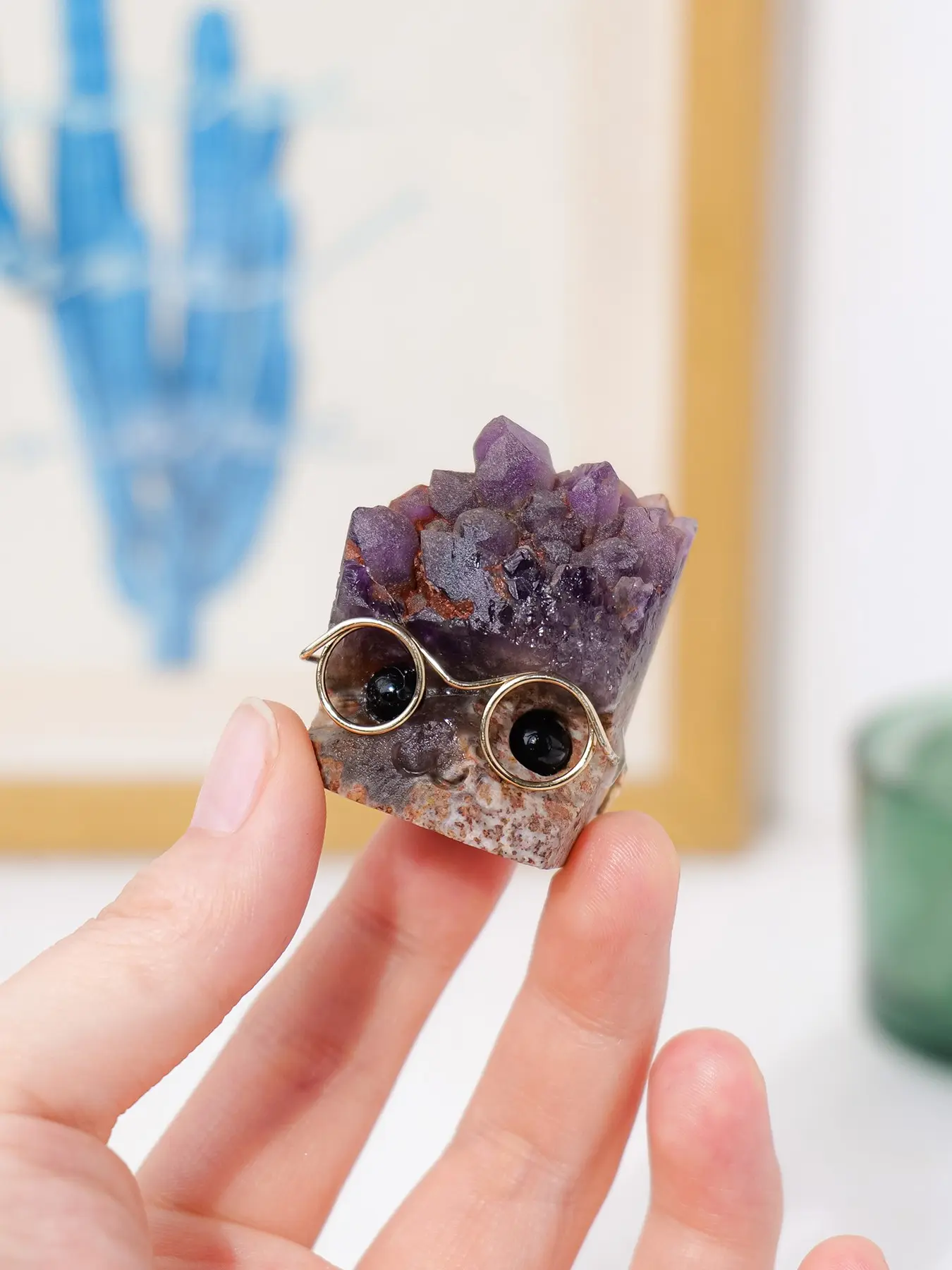 Natural Crystal Amethyst Pet Statue Set, Cute Glass Ball with Glasses, Desktop Decoration or Gift, 1/3/5 Pieces