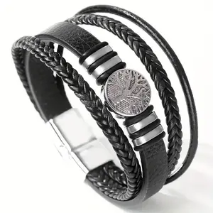 Men's Magnet Buckle Leather Bracelet Life Tree Alloy Multi-functional Weaving Bracelet