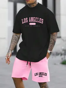 Men's 3D Letter Los Angeles Usa Print Casual Fashion Set, Summer Sport Round Neck Short Sleeve Top & Drawstring Shorts Two-Piece