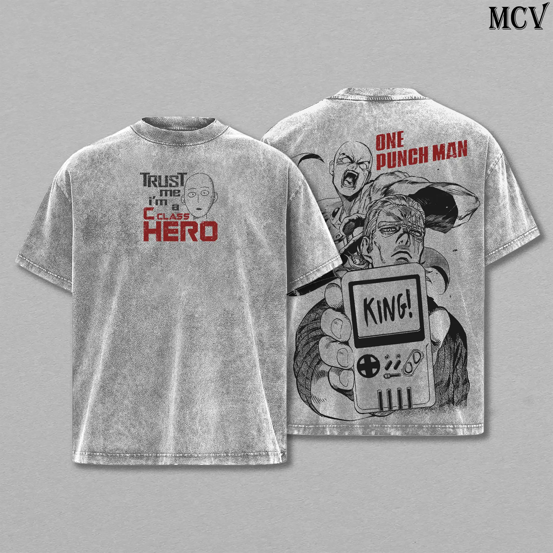 Saitama x King One Punch Man T-Shirt Acid Wash Vintage Oversize Unisex Heavy Cotton Menswear Top Anime Manga Graphic Tee Washed Double Printed Retro Streetwear
