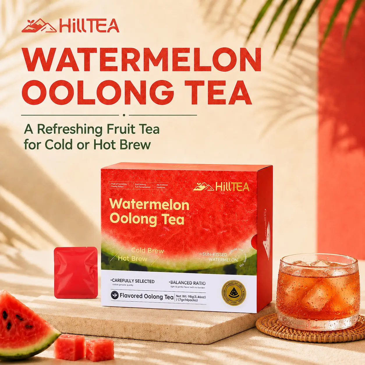 HILLTEA Cold Brew Watermelon Oolong Tea, Sugar Free Fruit Iced Tea with Real Watermelon & Oolong, Individually Wrapped, Fruit Floral Oolong, Summer Refresh Drink,14ct