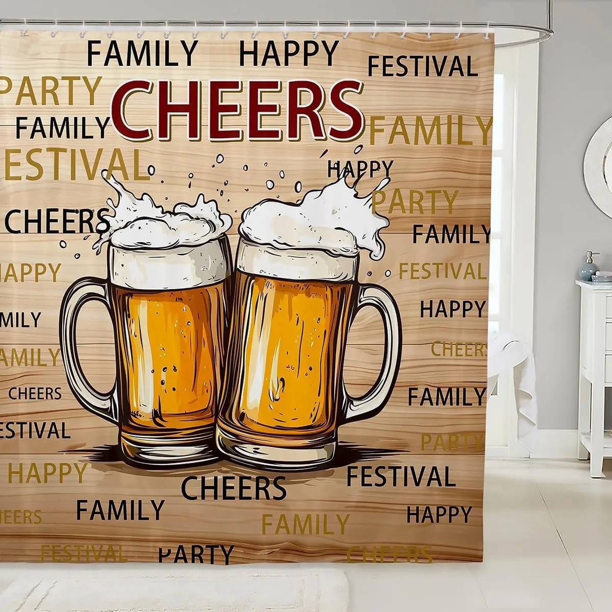 Cheer and Beer Theme Shower Curtain,Cartoon Beer Cup Bathroom Decor,Vintage Brown Wood Barn Waterproof Curtain Men Adult Room,Drink Style,
