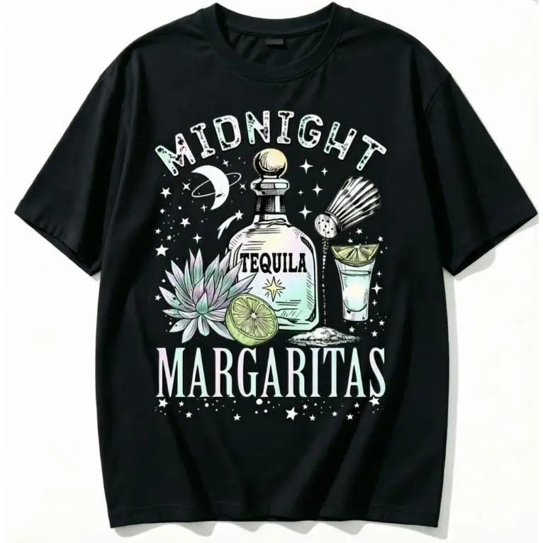 Women's Breathable Cotton Short-Sleeve Round Neck Casual T-Shirt - Midnight Margaritas Tequila Party Funny Top