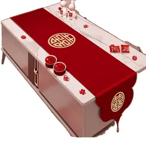 Red Double Happiness Wedding Table Runner Chinese Style Dining Coffee Table Cover for Engagement New Home Decor Satin 180cm