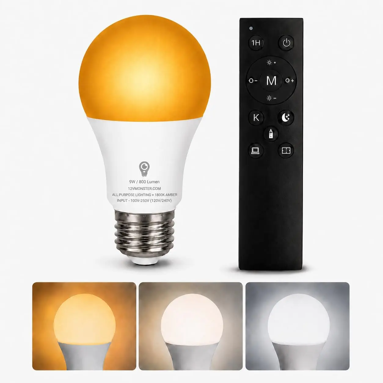 2-in-1 1800K Amber & Tunable White A19 LED Bulb with Remote – E26 Dimmable Night Light, 9W 800LM
