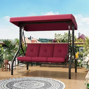 3-Seat Outdoor Porch Swing with Adjustable Canopy, Convertible Patio Swing Bed with Stand, Thick Cushions & Cup Holders, Weather-Resistant for Backyard, Garden, Porch - Red