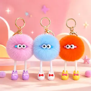 Cute Fluffy Pom Pom Keychain Plush Doll, Funny Big Eyes Bag Charm with Long Legs & Bow Shoes, Colorful Fuzzy Pendant for Backpack, Purse, Car Keys, Gift for Girls