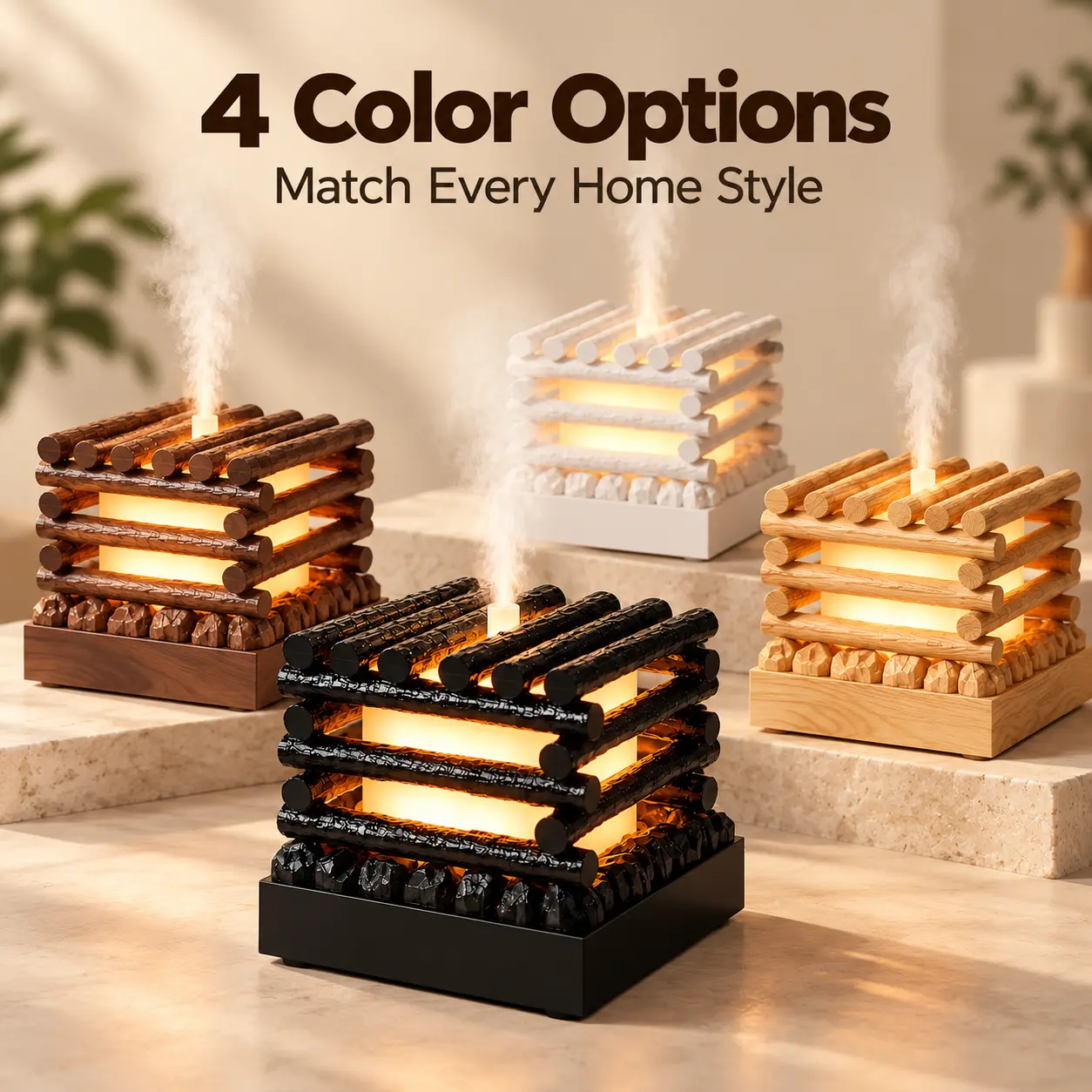 Cabin Campfire Aroma Diffuser, Ultrasonic Cool Mist Humidifier with Warm LED Fireplace Glow, Multicolor Ambient Light, Auto Shut-Off, Decorative Essential Oil Diffuser for Bedroom, Living Room & Desk