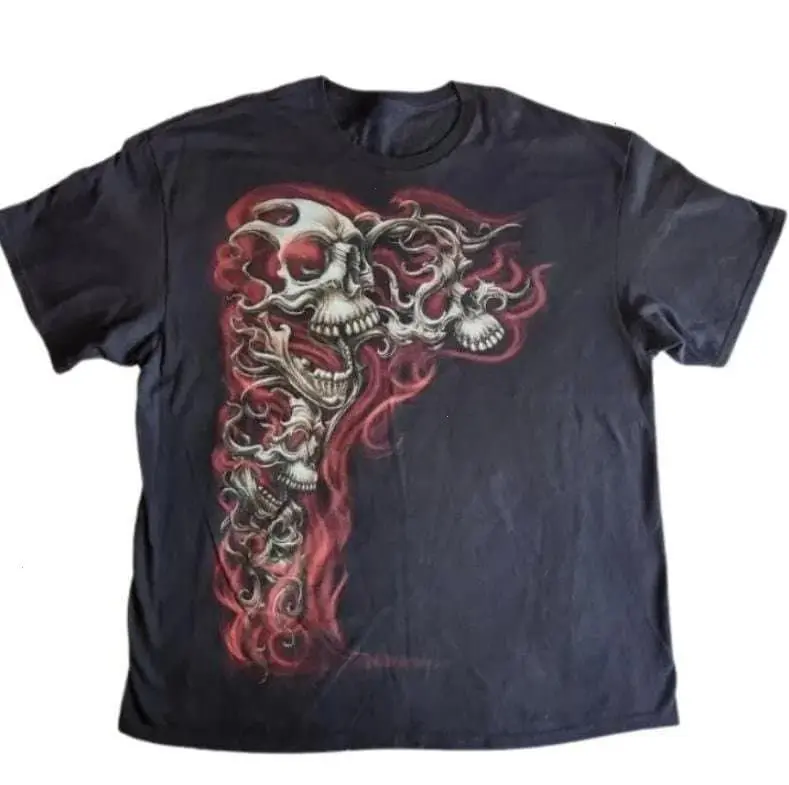 Flaming Skull Gothic Tee Y2K Cyber Grunge Black Graphic Shirt