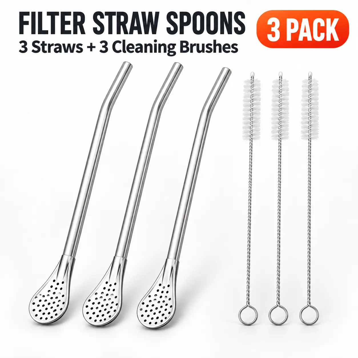 Reusable Stainless Steel Filter Straw Spoon Set with Cleaning Brushes, 2-in-1 Drinking Straw and Filter Spoon for Fruit Tea, Herbal Tea, Iced Drinks and Infused Water
