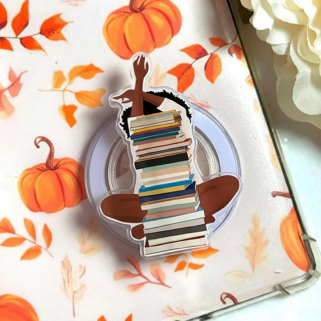Woman Reading Book Stack Phone Grip, Cute Book Lover Aesthetic Magsafe Magnetic Kickstand Holder, Cozy Gift For Readers