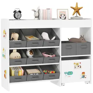 Qaba Toy Storage Organizer with 6 Shelves and 11 Fabric Bins, Moveable Cabinet and 3 Stickers, Toy Organizer for Nursery, Playroom, Bedroom, White