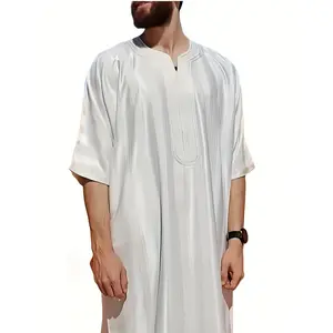 Men's Loose Fit Comfy Thawb, Stylish V-Neck Striped Thobe, Versatile For Casual Wear