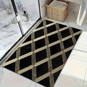 One black and gold diamond-patterned bathroom rug, ultra-soft absorbent premium bath mat, slip-resistant comfortable bathroom mat, suitable for bathtub, shower, bedroom, and laundry room area rugs