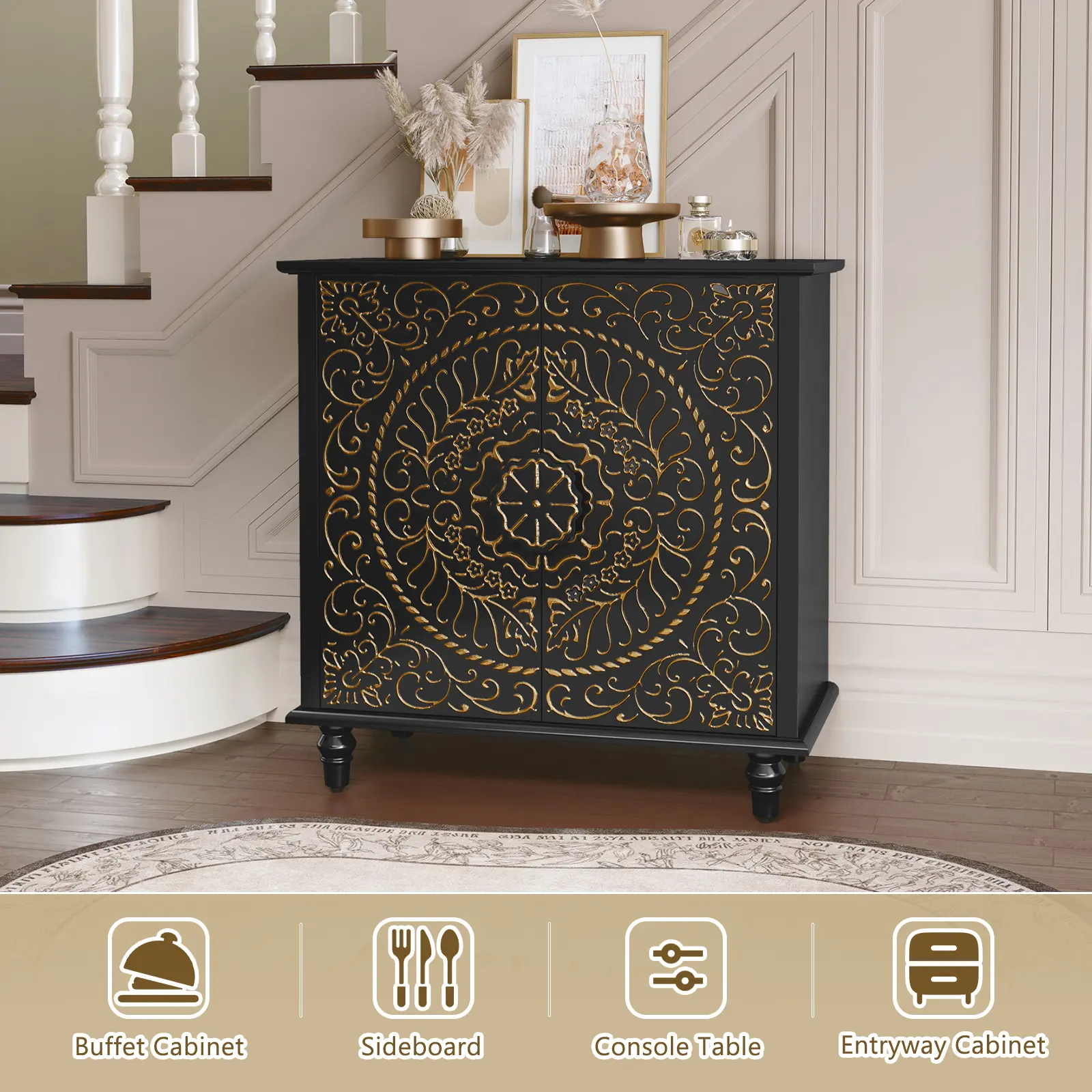 【Summervibes】American Style Accent Cabinet with 2 Doors, Decorative Carved Flower Pattern Storage Cabinet, Wooden Sideboard Buffet with Storage for Entryway, Living Room, Kitchen, Dining Room closet
