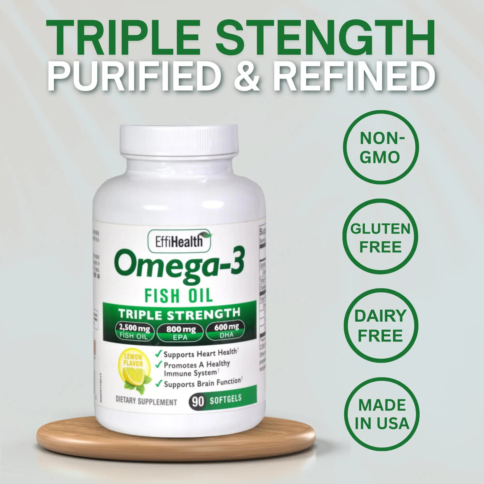 EffiHealth Omega-3 Fish Oil - Triple Strength 2500mg Fish Oil, 800mg EPA, 600mg DHA - Supports Heart Health, Brain Health and Immune Health - Lemon Flavor