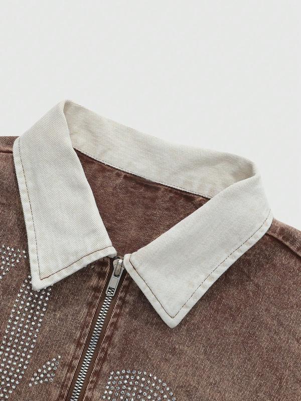 Dark Denim Jacket with Diamonds and 'la' Logo, Vintage Corduroy Collar and Frayed Design, Stylish Zippered Fit for Casual Outings