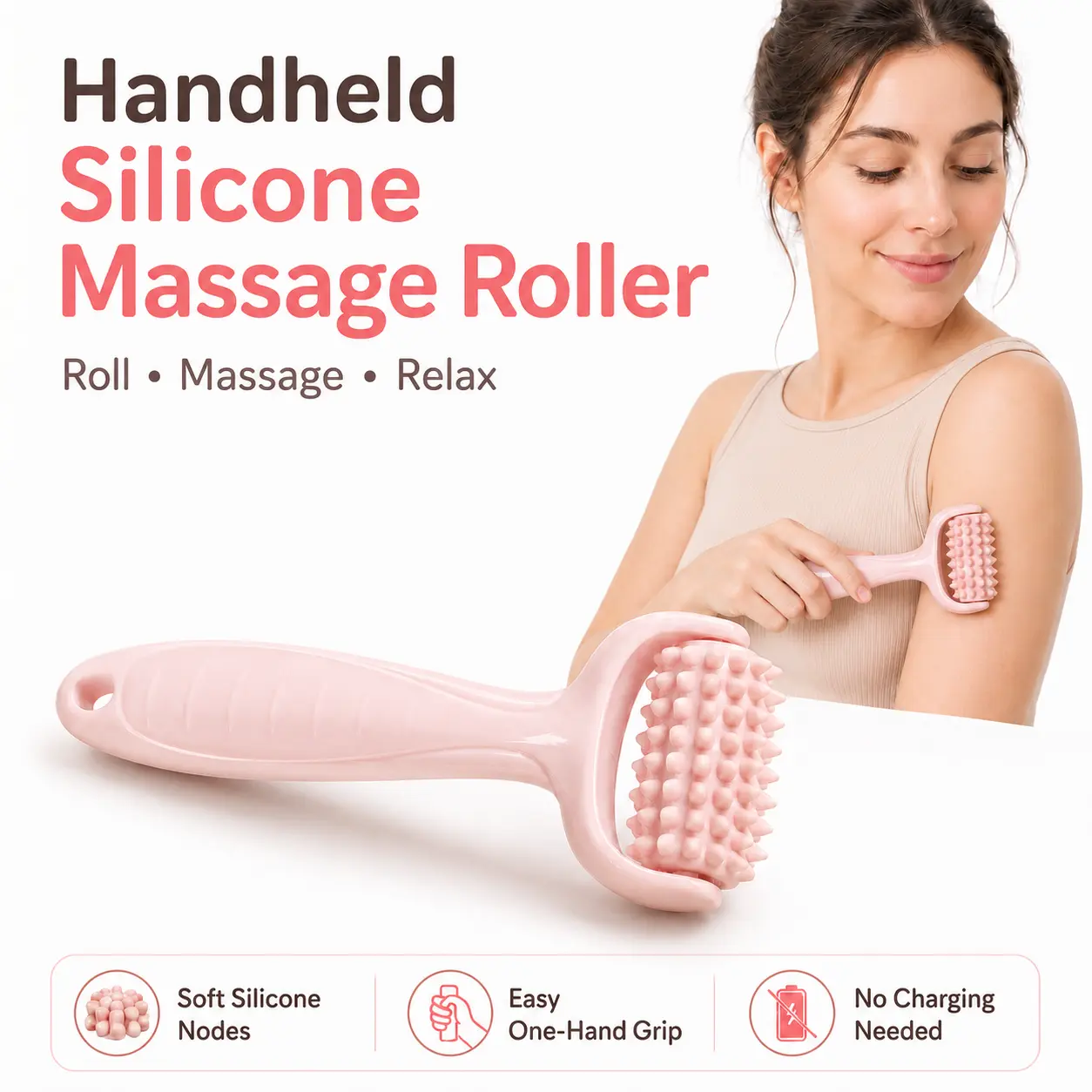 Handheld Silicone Massage Roller with Smooth Dense Nodes - Gentle Deep Tissue Muscle Massager with Handle, Portable Body Care Trigger Point Tool for Soreness Relief, Home-Gym Essential Adult Party Gift