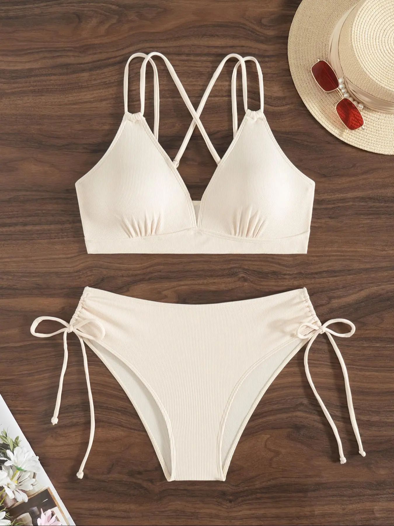 Women's Solid Textured High Stretch Criss Cross Summer Bikini Set, Casual V Neck Swim Top & High Waist High Rise Swim Bottom, Ladies Swimsuit for Beach Holiday Vacation, Criss Cross Swimsuits, High Stretch Swimwear, Bikini Beachwear, Swimsuit Sets