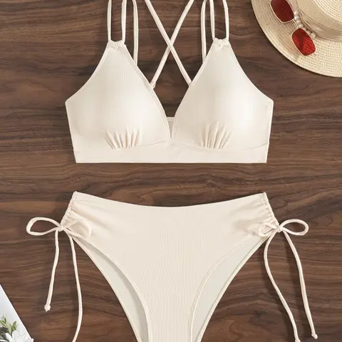Women's Solid Textured High Stretch Criss Cross Summer Bikini Set, Casual V Neck Swim Top & High Waist High Rise Swim Bottom, Ladies Swimsuit for Beach Holiday Vacation, Criss Cross Swimsuits, High Stretch Swimwear, Bikini Beachwear, Swimsuit Sets