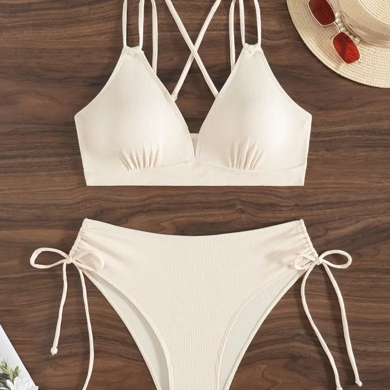 Women's Solid Textured High Stretch Criss Cross Summer Bikini Set, Casual V Neck Swim Top & High Waist High Rise Swim Bottom, Ladies Swimsuit for Beach Holiday Vacation, Criss Cross Swimsuits, High Stretch Swimwear, Bikini Beachwear, Swimsuit Sets