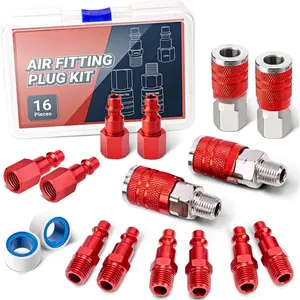 16 Pieces Universal 1/4" NPT Air Hose Fittings & Coupler Kit, Lightweight Aluminium With Quick Connect Plug, Pneumatic Tool Fitting for Compressor Accessories