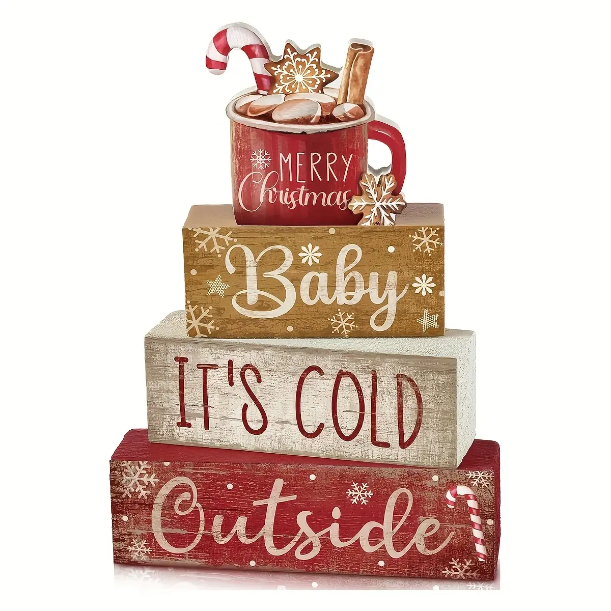 Set of 4 Christmas desktop decorations: wooden hot cocoa ornament, Christmas table centerpiece, tiered tray decoration for winter, red hot cocoa decorative block sign, farmhouse-style Christmas home kitchen decor gift
