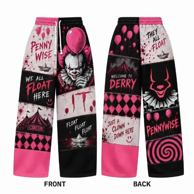 Horror Carnival Patchwork Sweatpants, Loose Fit & Cuffed Jogger Pants, Pink Black Graphic Streetwear Pants, Unisex Halloween Lounge Pants