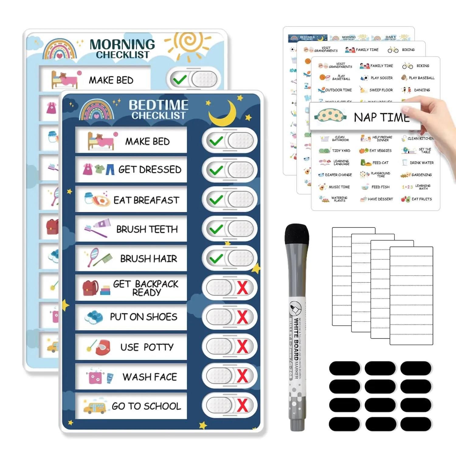 2 in 1 Bedtime/Morning Routine Chart for Kids Toddlers, Magnetic Chore Chart for Kids, Cute Visual Schedule for Kids Schedule Board for Home, Kids Checklist to Do List ADHD Tools for Kids
