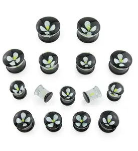 White Poppy Flower Black Glass Double Flare Plugs