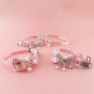 Pet collar with pink lace bow and beads, cat collar with bell, pet supplies