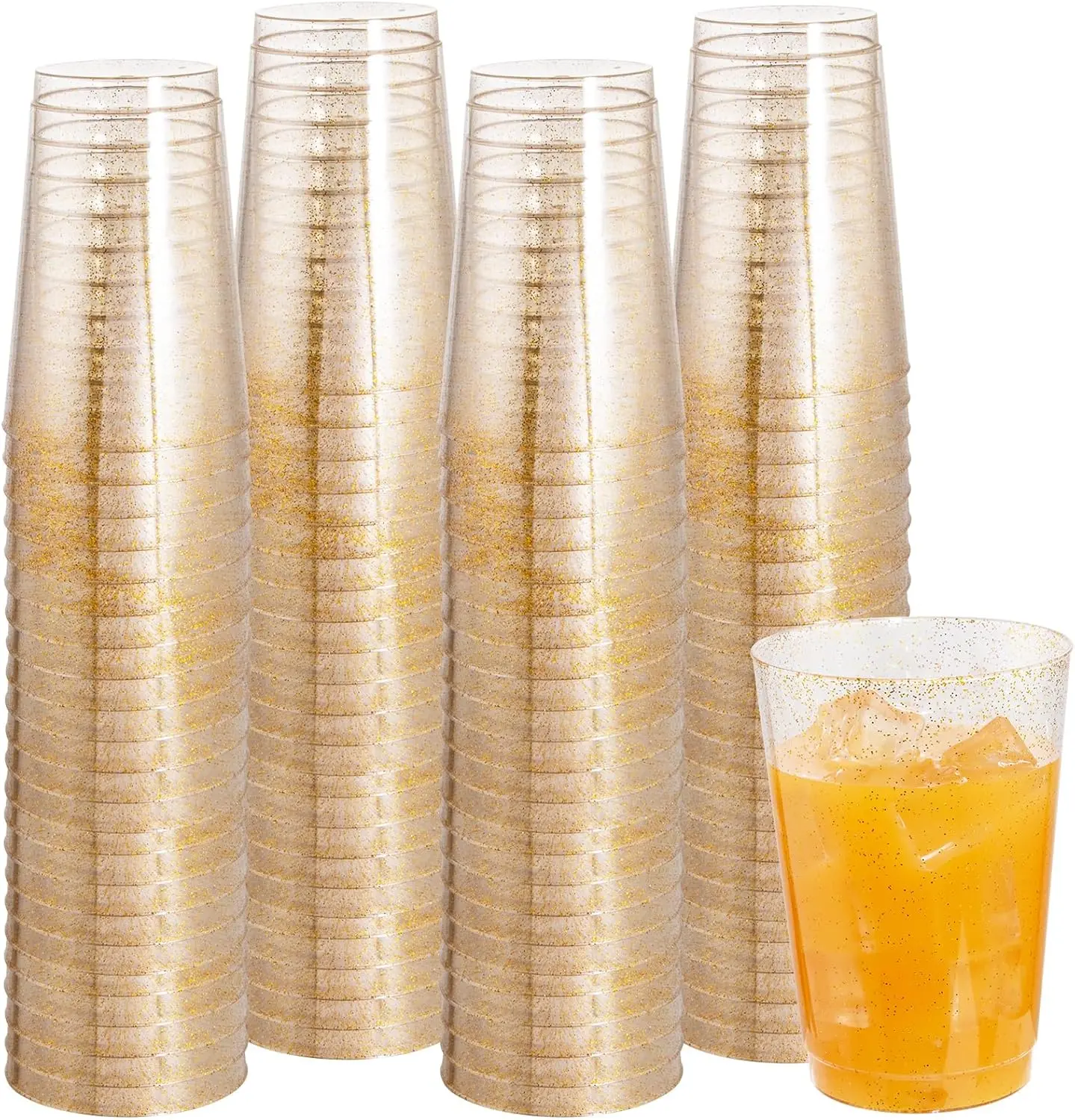 I00000 12 oz Gold Glitter Cups, Clear Disposable Cups, Gold Plastic Wine Glasses Cocktail Glasses Heavy Duty Cups, 12 Ounce Glitter Plastic Tumblers for Party