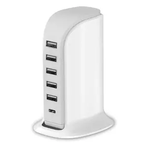 40W 5-Port USB Charging Station Hub with Type-C Port for iPhone, iPad, Tablets, Smartphones - Multi-Device Charger Tower for Home and Office Use