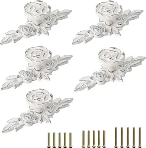 Pack of 5 Euro Rose Decorative Cabinet Knobs with Plate, Floral Ivory Drawer Knob Cupboard Door Knobs, Ivory White Drawer Pulls Cabinet Handle Knobs for Dresser Cabinet (S, Ivory with Silver)