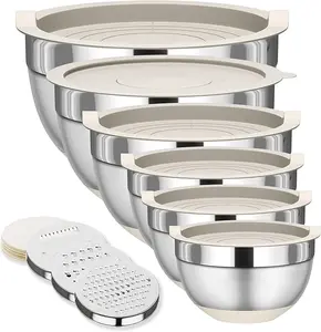 6-Piece Stainless Steel Mixing Bowls Set with Lids – Nesting Kitchen Storage Bowls & Non-Slip Bottoms(Sizes:5.5, 3.5, 2.5, 2.1, 1.5, 1.1 QT) Tableware