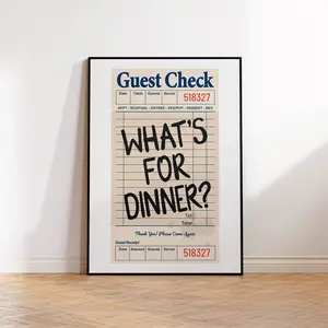 Guest Check Poster Print | What's For Dinner Poster | Aesthetic Kitchen Wall Art | Trendy Preppy Apartment Decor | Funky Bar Cart Wall Print
