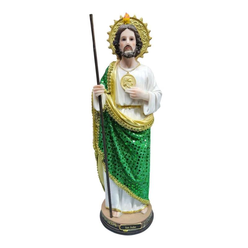 San Judas 8"-24" Inches Tall Vestido Tela- Estatua Detailed Figure with Green Sparkling Robe and Gold Accents brand new in box Religious Decor Standing Statue