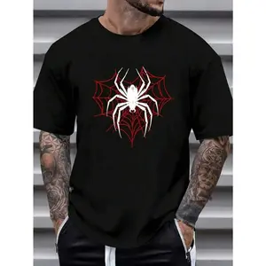 Men's Black Printed Short Sleeve T-Shirt - 1 Pc, Combed Cotton, Crew Neck, Regular Fit, Medium Stretch Knit Fabric, Breathable Casual Tee for Halloween, S-XXXXXL,summervibes