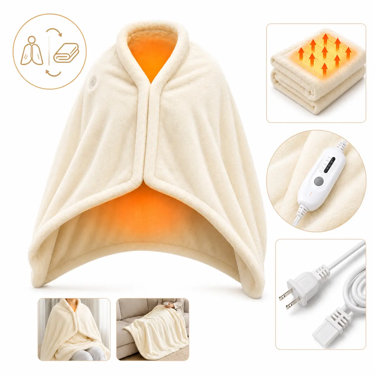 White Flannel Electric Heated Shawl Blanket , 2-in-1 Wearable Heated Throw Blanket for Couch, Office and Bed, Soft Heated Wrap Blanket, 120V 60Hz 100W