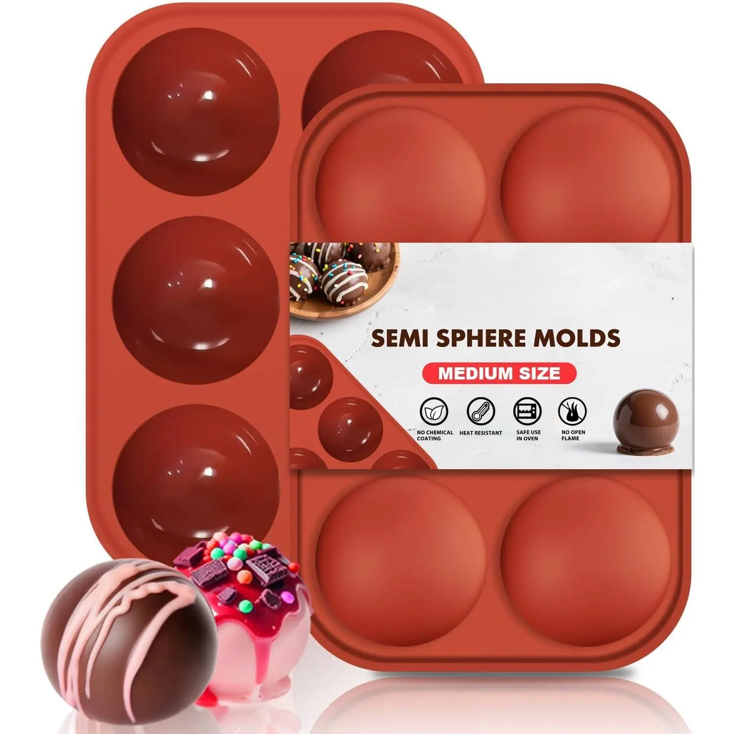 6-Cavity Medium Semi-Sphere Silicone Molds - Hot Chocolate Bomb Molds for Baking, Dome Cakes, Candy,  & Mousse - Reusable, Non-Stick Half Sphere Chocolate Mold Set (2 Pack)