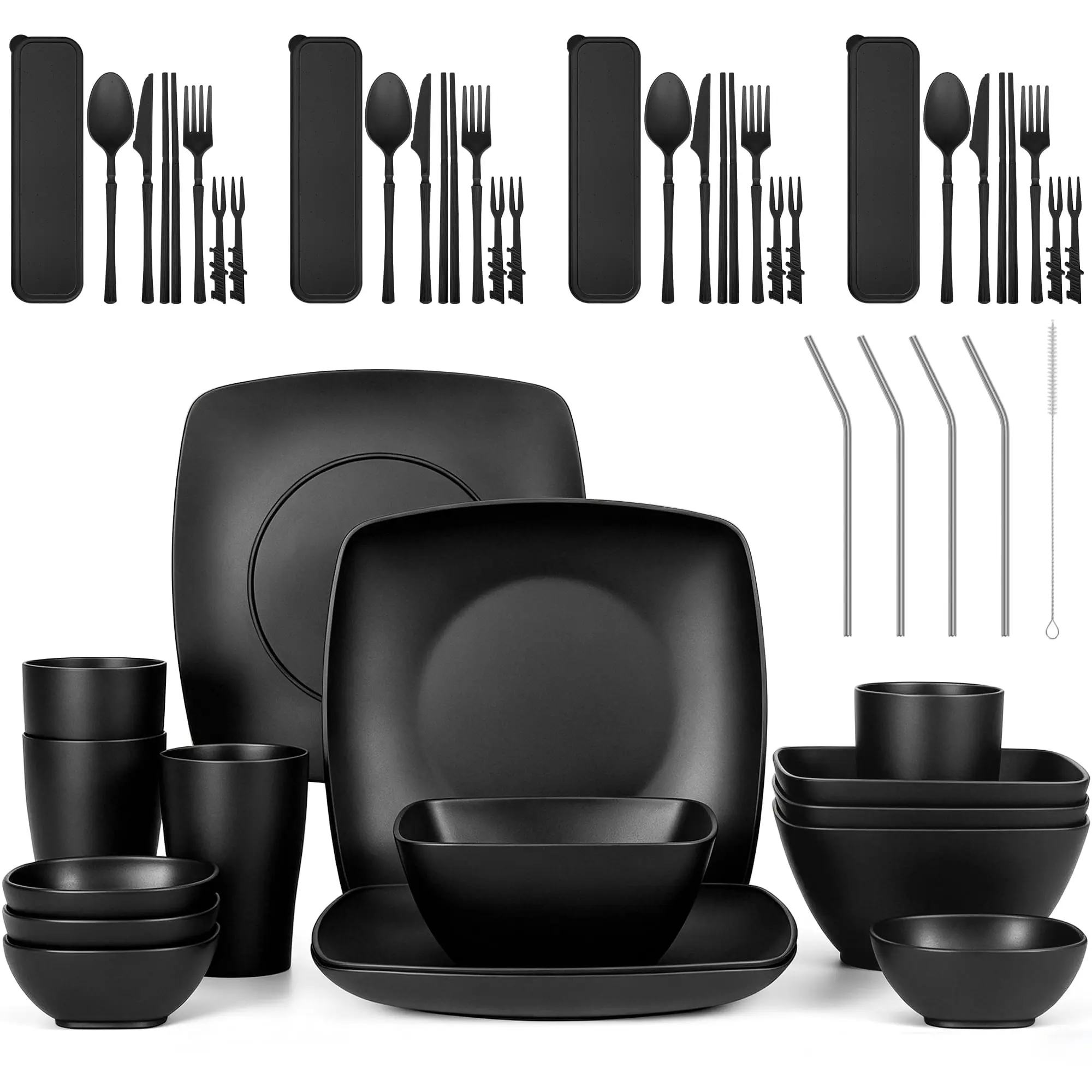 All-in-One Outdoor & RV Camping Tableware Set – 49-Piece Lightweight Wheat Straw Plates, Bowls, and Utensils