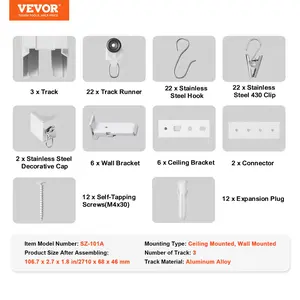 VEVOR Ceiling Curtain Track Set, 8.9 FT/2.7Meter, Sliding Ceiling Track System for Curtains, Room Divider Curtain Track Ceiling/Wall Mountedfor Living Room Bedroom with Hooks and Hardware, White