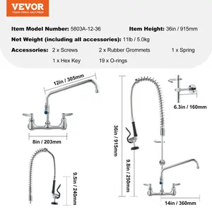VEVOR Wall-Mounted Brass Kitchen Faucet, 36 Tall, 8 Installation Width, Includes 12 Rotating Spout and Pull-Down Sprayer, Suitable for Single, Double, or Triple Sinks