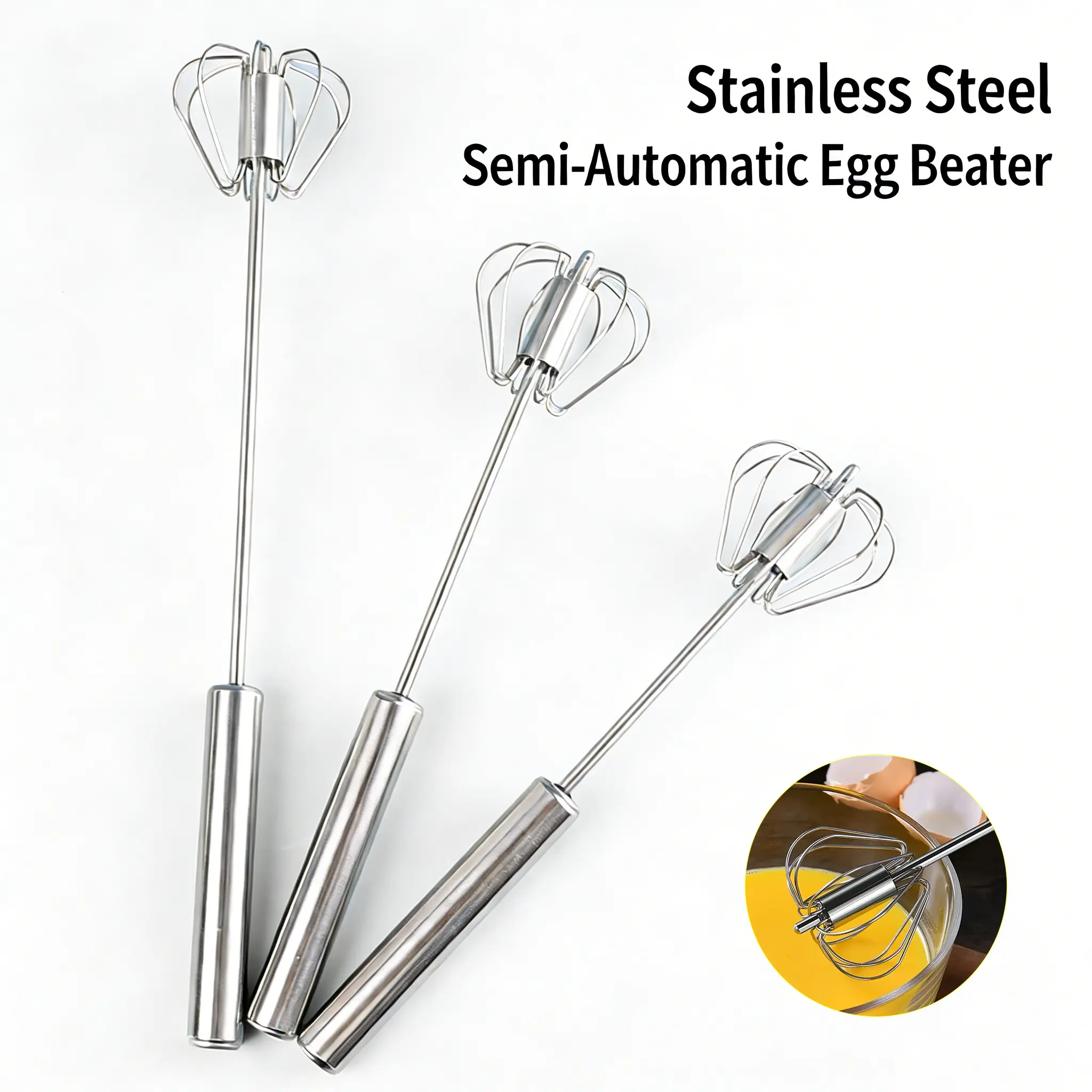 Stainless Steel Semi-Automatic Egg Beater - Hand-Push Rotary Whisk, No-Electric Manual Kitchen Cooking Accessories for Baking, Eggs, Milk