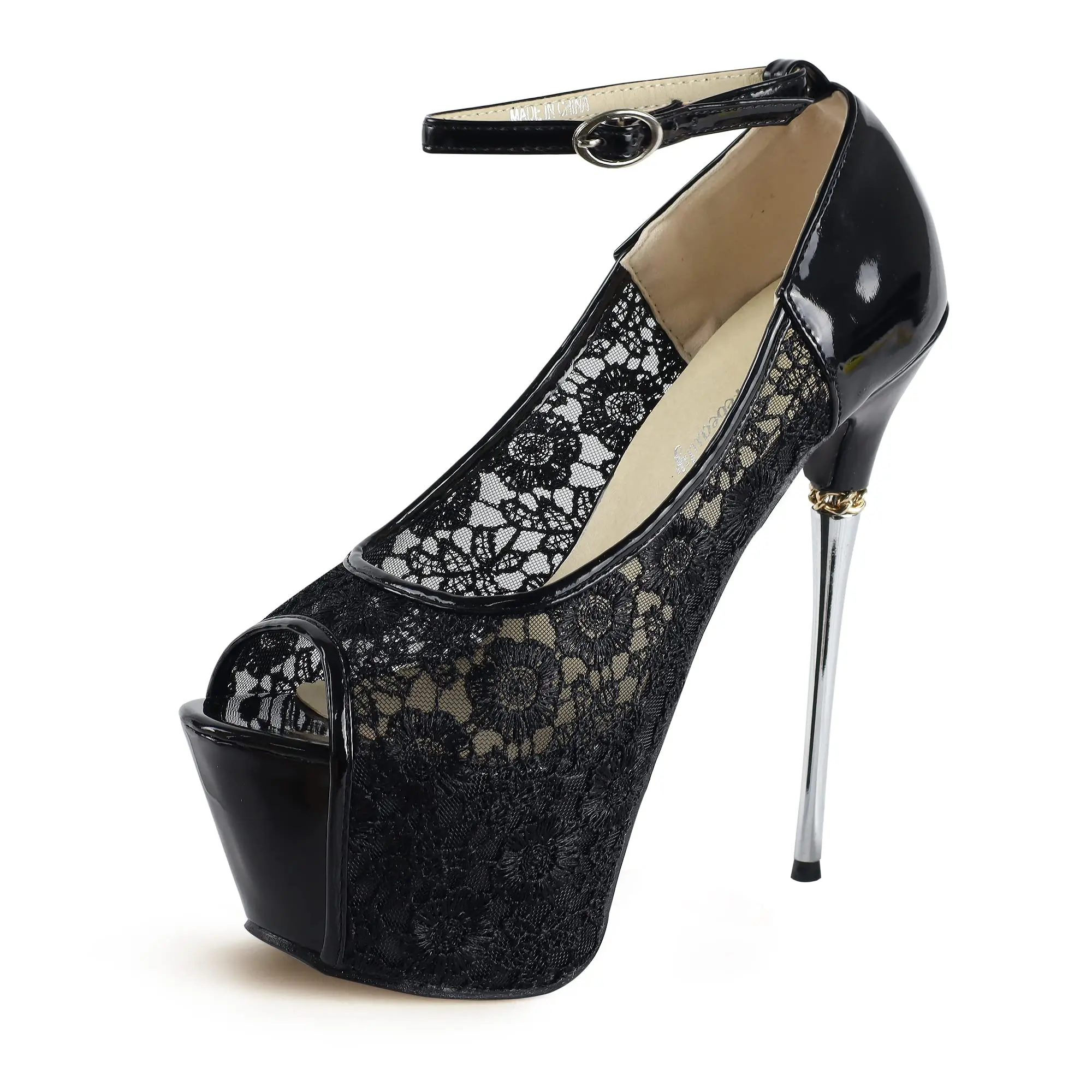 getmorebeauty Women's stripper Heels Sandals Lace Flower Strappy Hollow stiletto High Heels fashionable metal Girl Platform Black Walking Shoes Heeled Footwear Classy Stylish Pumps Elegant