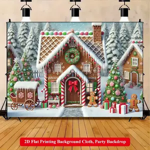 2D Flat Printing Backdrop Banner 1pc, Christmas Gingerbread House Scene Vibrant Polyester Background Cloth for Family Party, Wedding, Birthday, Christmas, Thanksgiving, Fall, Entryway, Room Decorations, Easy to Set Up, Reusable