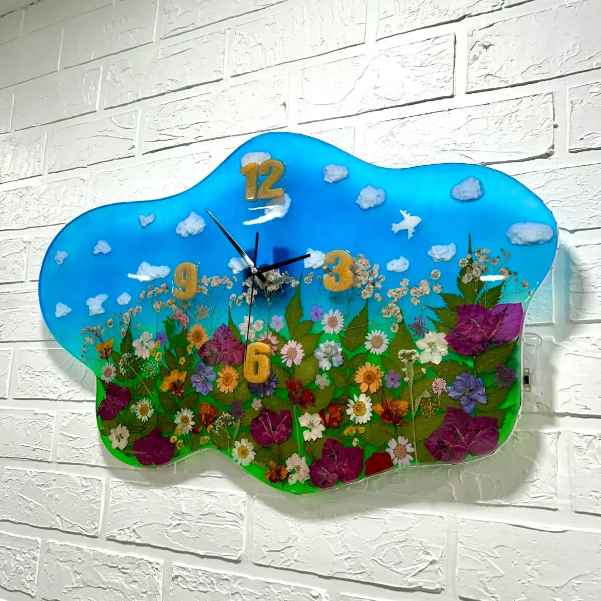 Large Handmade Epoxy Resin Clock With Natural Pressed Flowers  Wall Unique Room Decor Gift For Any Occasion Birthday Wedding Anniversary Dimensions 24x12