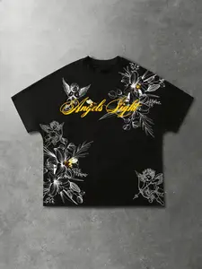 1pc Men's Black Angels Light Graphic T-Shirt Aesthetic Cherub & Floral Print Cotton Heavyweight Short Sleeve Romantic Streetwear Urban Teert