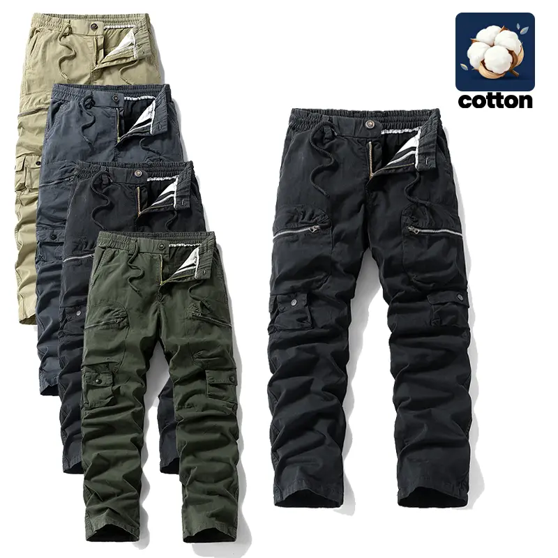 Veiskor-1 Pack Mens Soft Cotton Straight Leg Cargo Pants Multi Zipper Side Pockets Elastic Waistband Durable Work Hiking Streetwear Pants fatigue men outdoor autumn military activity breathable all-season